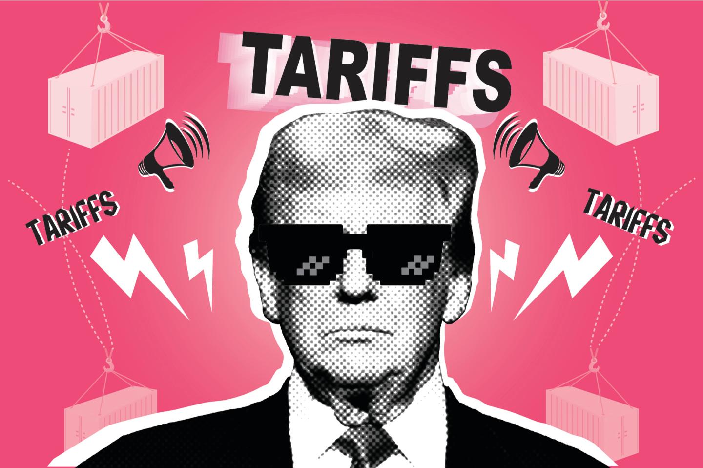 Trump wearing sunglasses with the word "tariffs" all around him