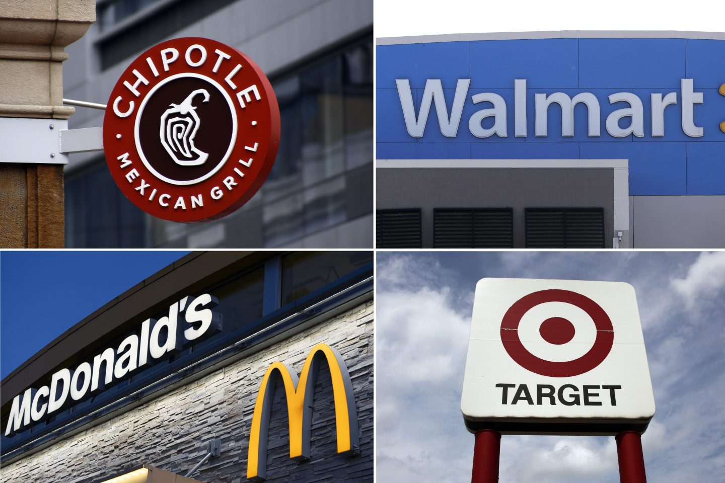 This combination image shows signage of Chipotle restaurant Feb. 8, 2016, Walmart store, in Walpole, Mass., Sept. 3, 2019, McDonald's restaurant on April 29, 2024, in Albany, Ore., a Target store sign is shown in Amherst, N.Y., Aug. 18, 2009.