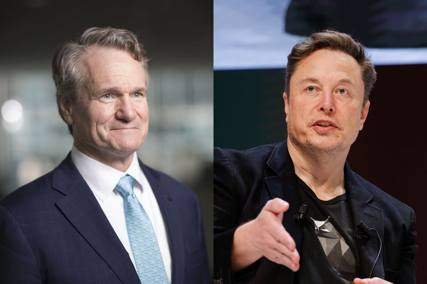 Brian Moynihan, Bank of America CEO (left) has some thoughts on how Elon Musk (right) might have to approach his work at DOGE.
