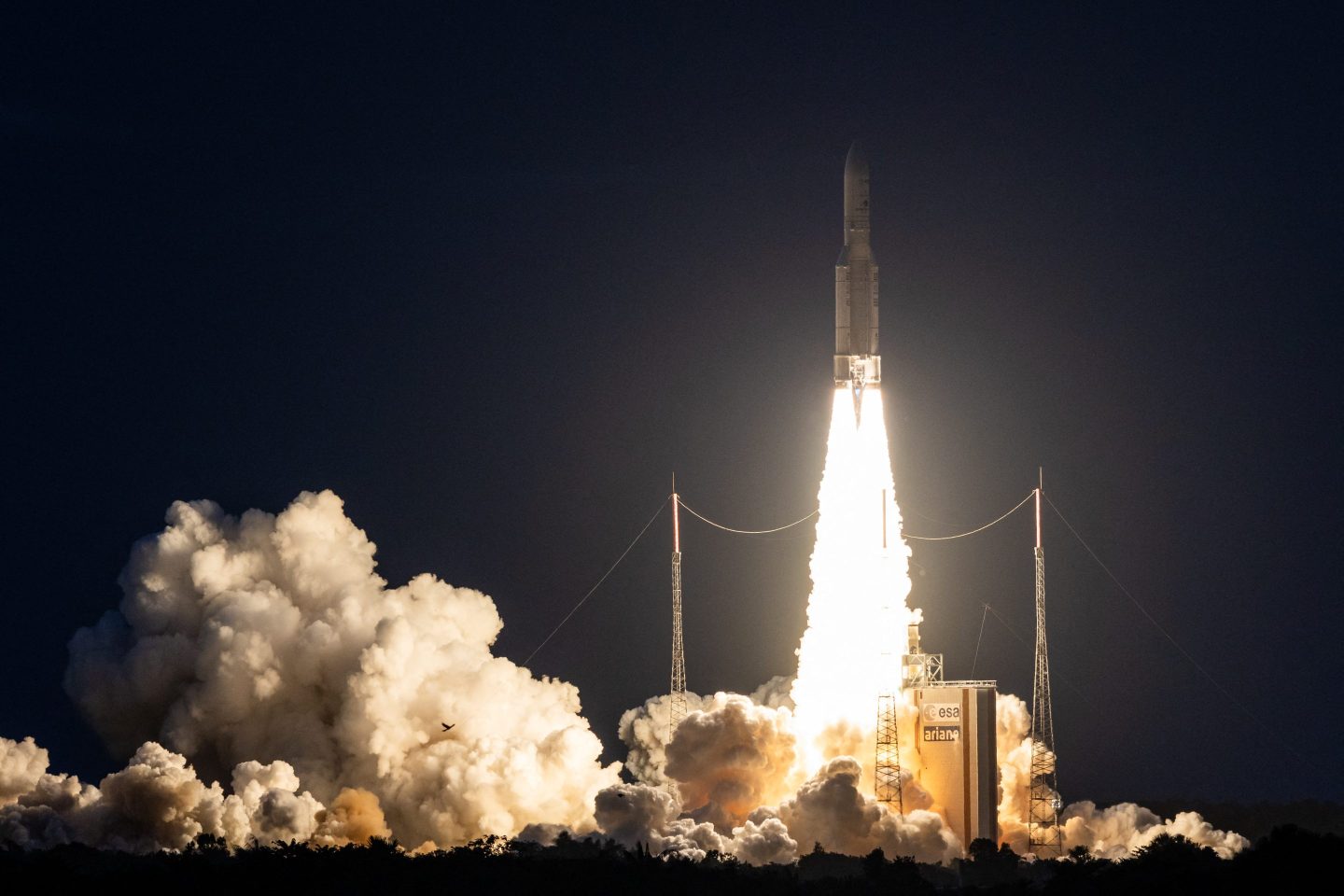 An Ariane 5 lifts off from its launchpad in Kourou, at the European Space Center in French Guiana, on June 20, 2019.