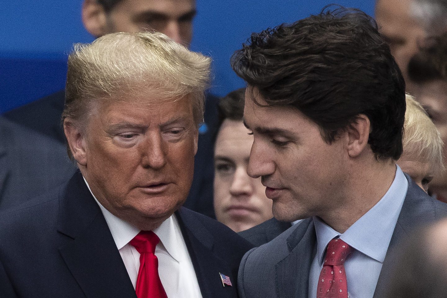 U.S. President Donald Trump (L) ad Canadian Prime Minister Justin Trudeau (R) attend the NATO summit at the Grove Hotel on Dec. 4, 2019 in Watford, England.