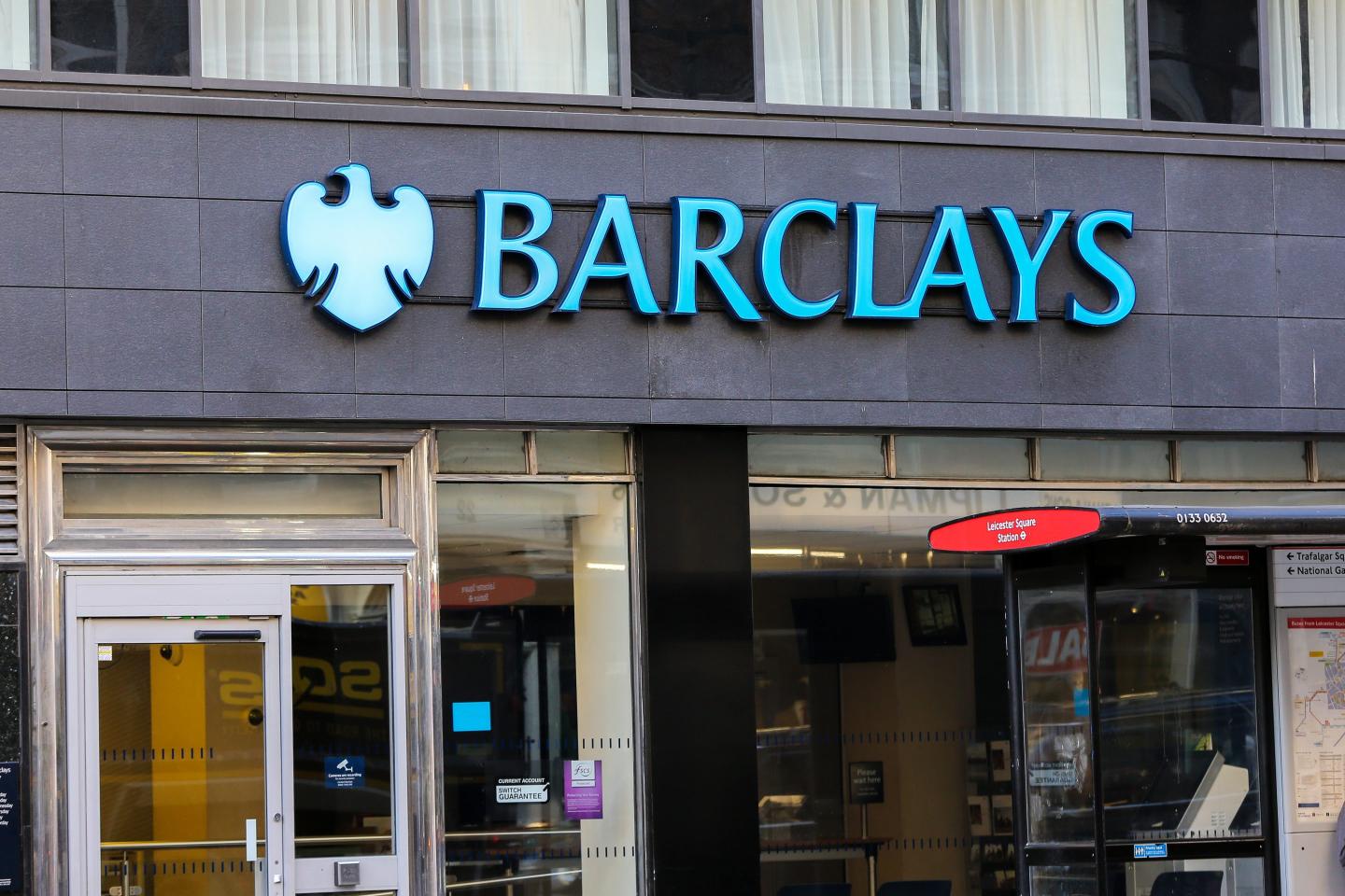 An exterior view of a Barclays Bank branch in central London.
