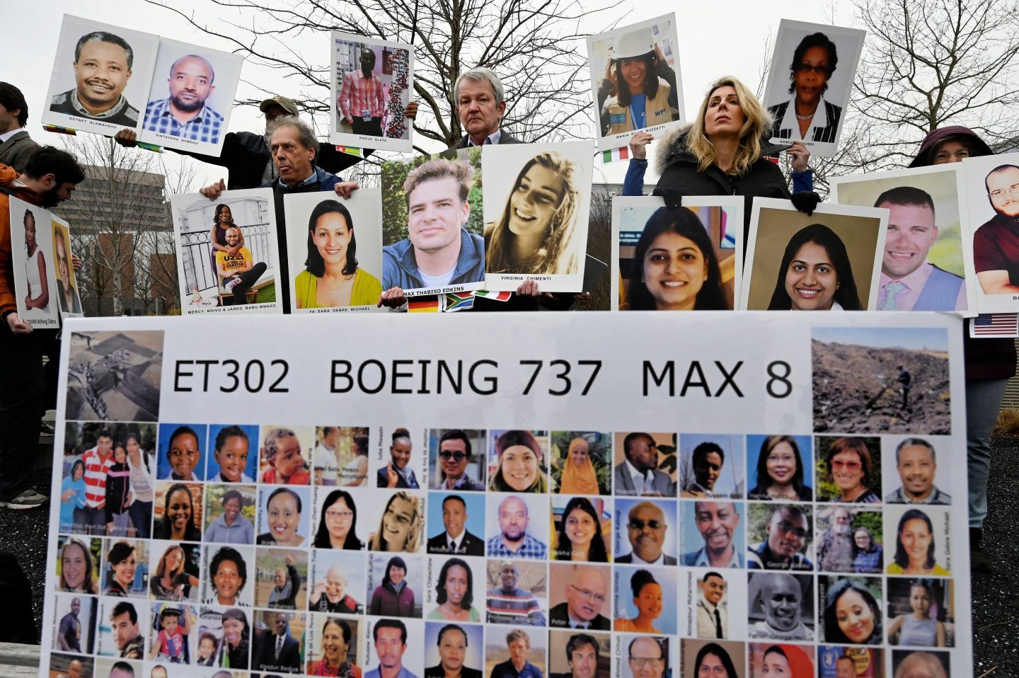 Families and friends who lost loved ones in the March 10, 2019, Boeing 737 Max crash in Ethiopia, hold a memorial protest