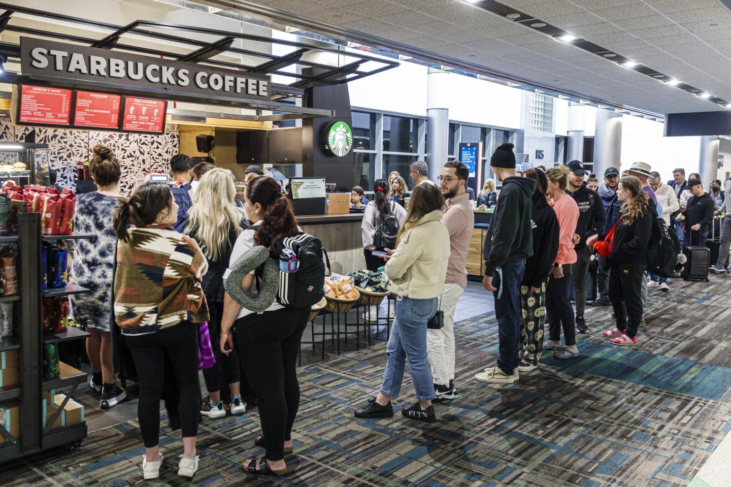 Starbucks customers waiting in long line