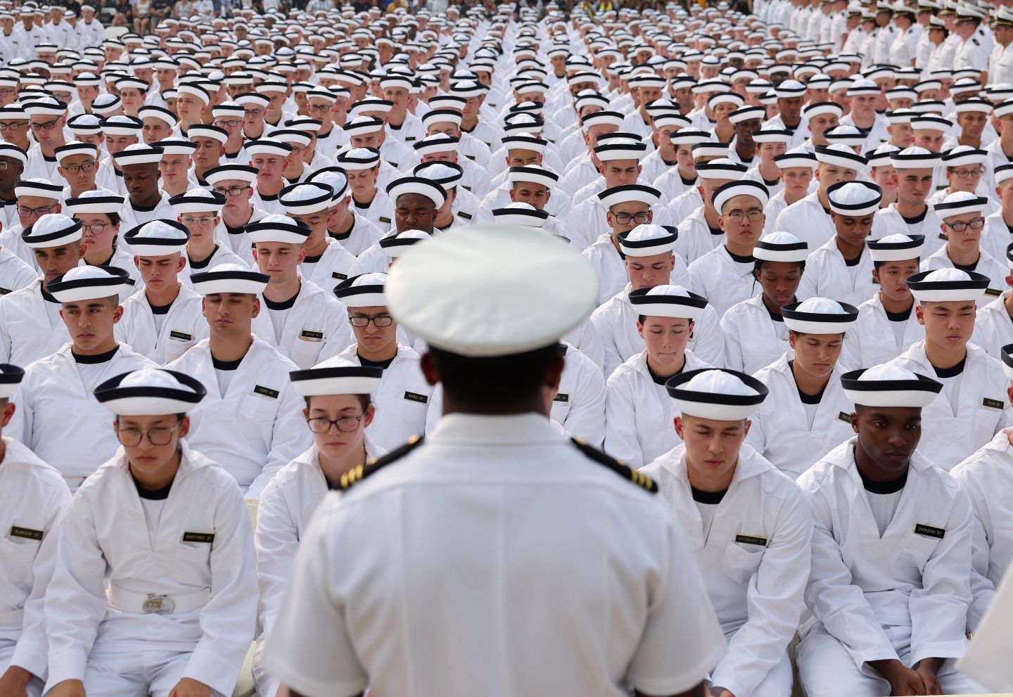 Incoming plebes (freshmen) take part in their Oath of Office Ceremony during Induction Day at the U.S. Naval Academy on June 29, 2023 in Annapolis, Maryland.