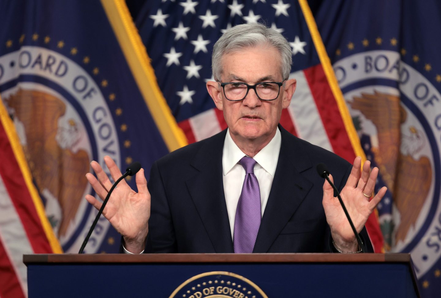 Jerome Powell during a news conference at the Federal Reserve in 2023.
