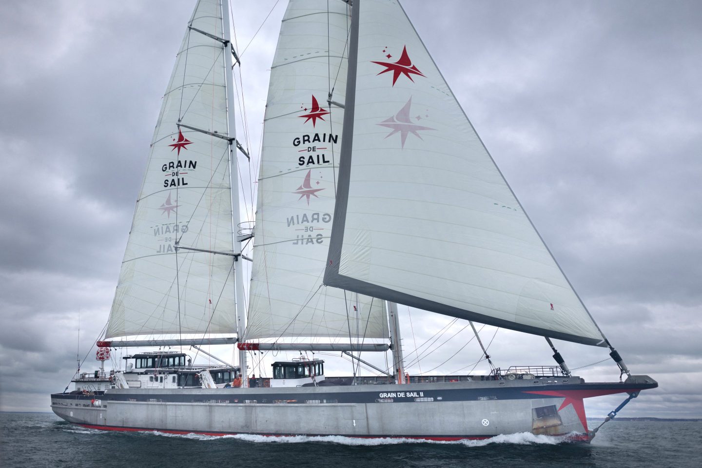 The Grain de Sail II, a cargo boat, sails off Saint-Cast-le-Guildo, northwestern France on February 28, 2024.