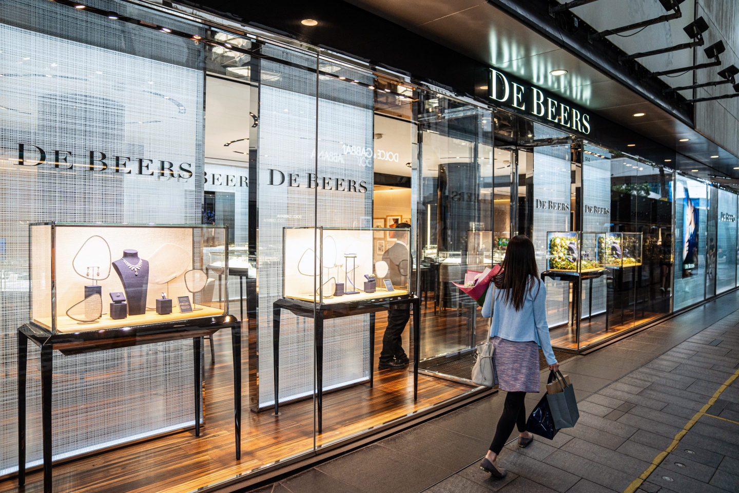 A De Beers jewelry store in Hong Kong, China.