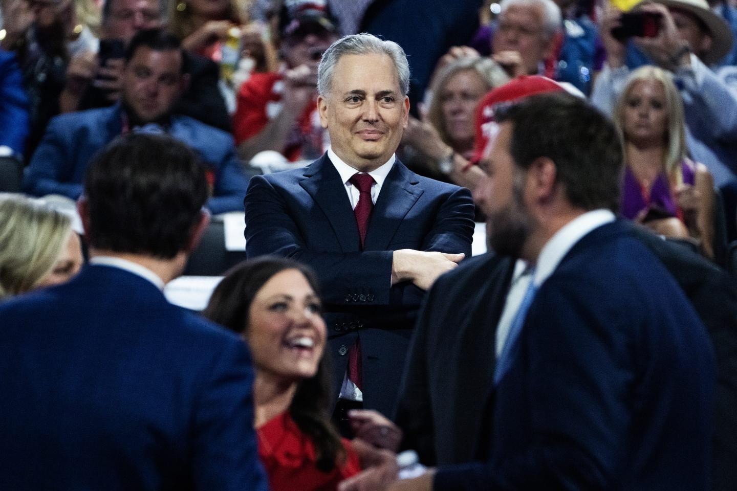 David Sacks, a venture capitalist, and Sen. JD Vance, R-Ohio, right, vice presidential nominee, are seen in Fiserv Forum on the first day of Republican National Convention in Milwaukee, Wis., on Monday, July 15, 2024.