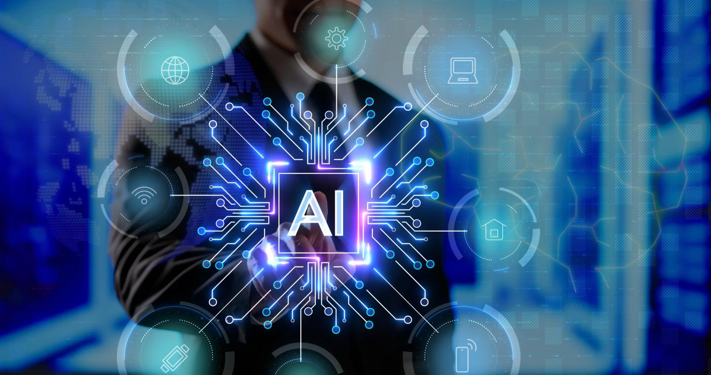 holographic AI icon displaying in front of a man