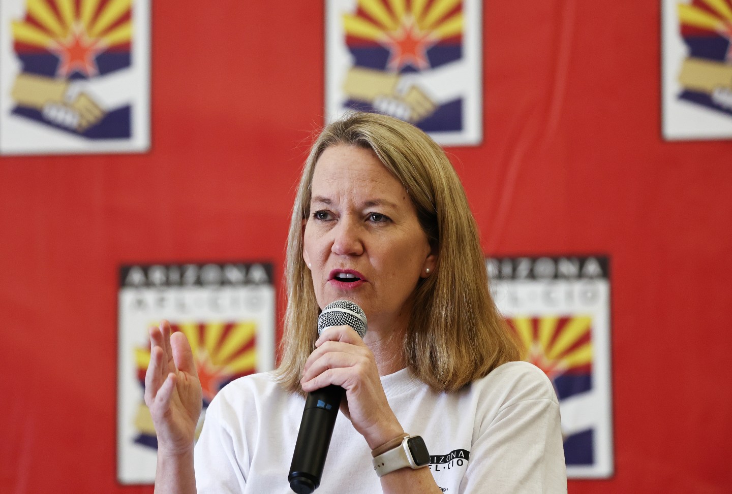 A photo of Arizona Attorney General Kris Mayes at an Arizona AFL-CIO GOTV (Get Out the Vote) event with union members and supporters at IUPAT Hall on November 2, 2024 in Phoenix, Arizona. (Photo by Mario Tama/Getty Images)
