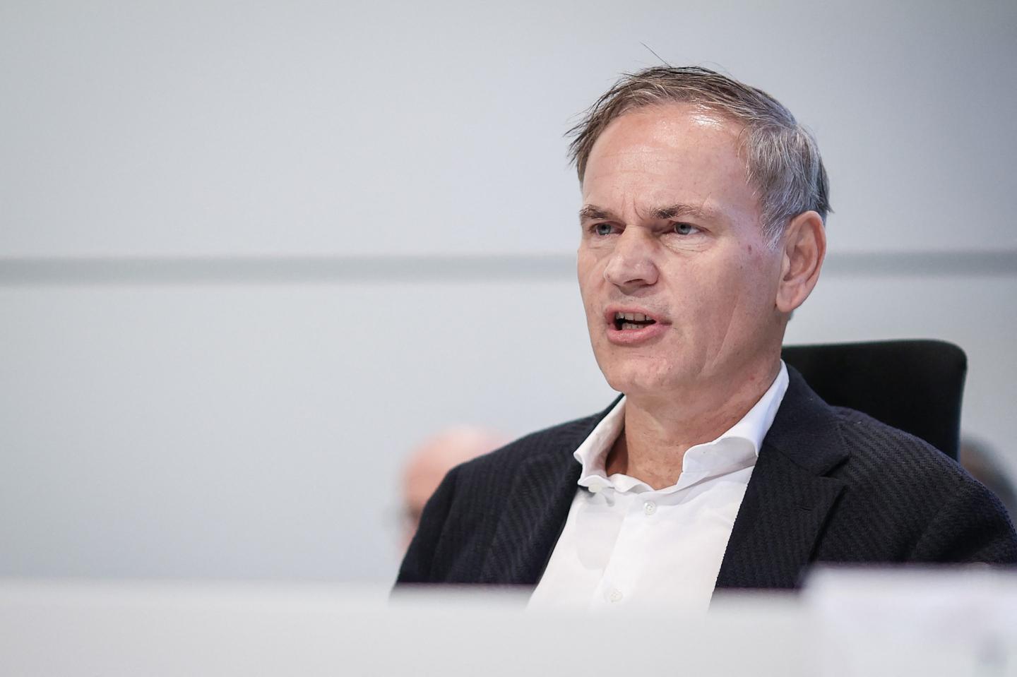 German carmaker Volkswagen (VW) CEO Oliver Blume looks on at the start of a company wide meeting at the company's headquarters plant in Wolfsburg, central Germany, on December 4, 2024.