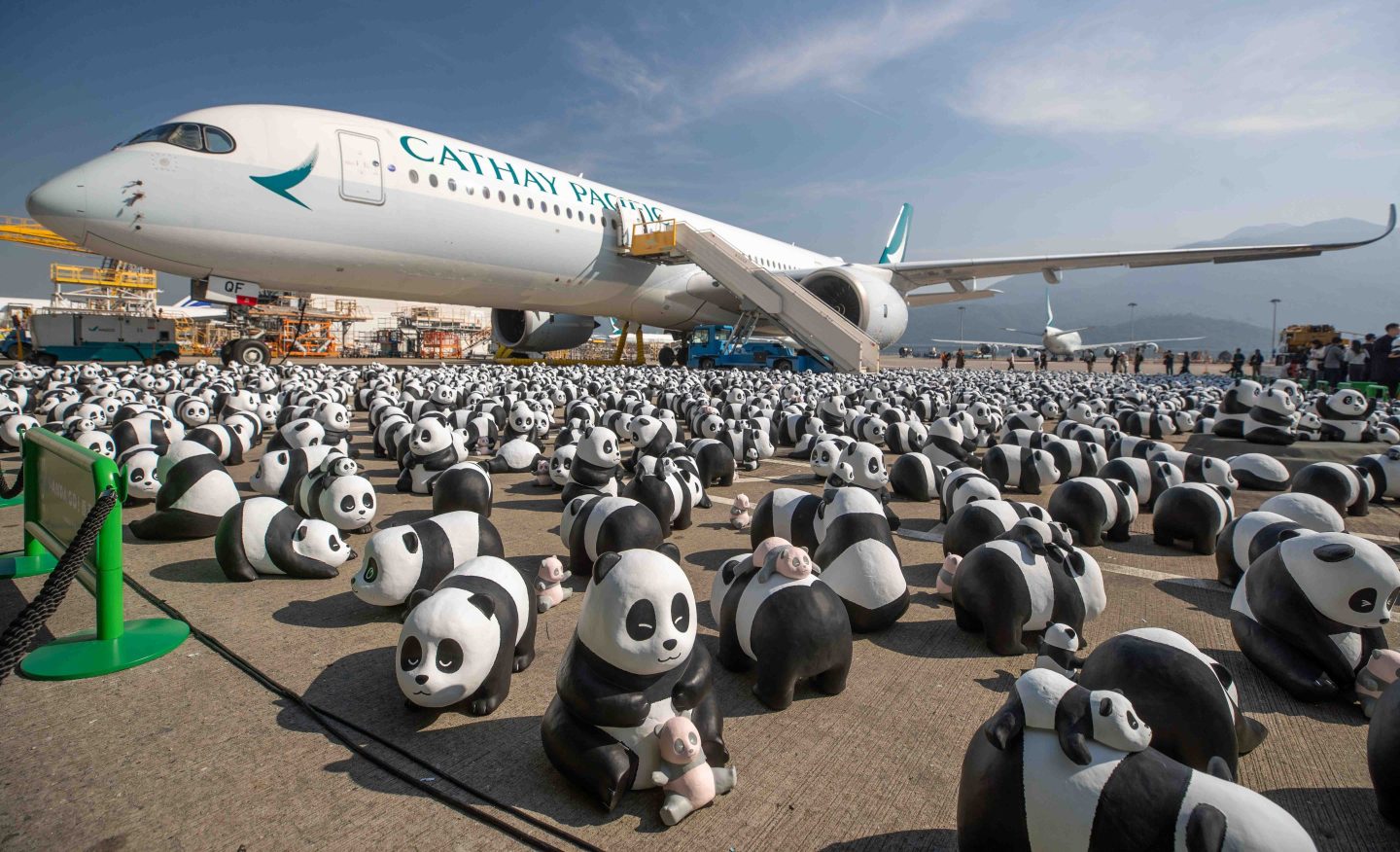 Part of 2,500 panda sculptures are on show at the Hong Kong International Airport during a welcome ceremony of the panda-themed exhibition "Panda Go! Fest HK" on Dec. 2, 2024 in Hong Kong.