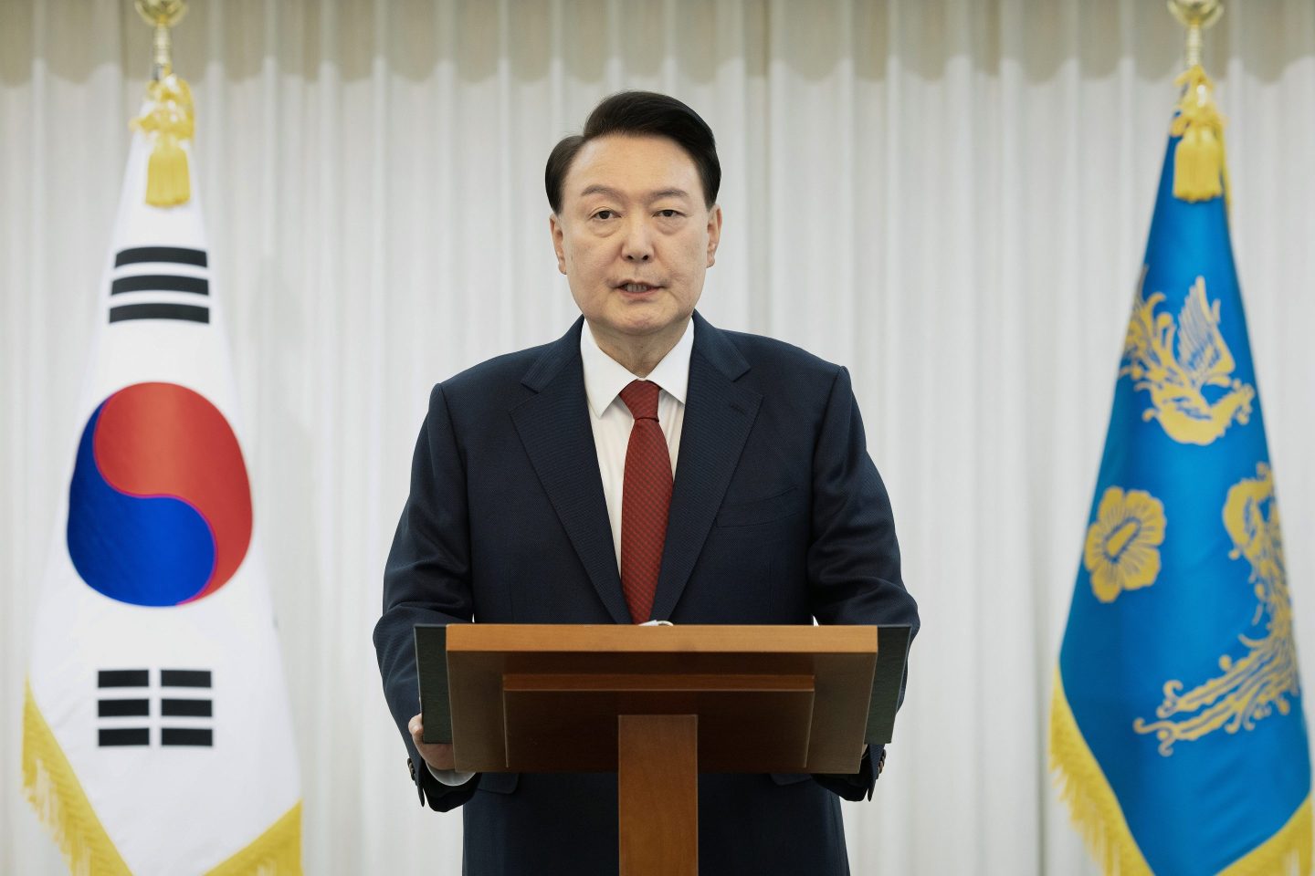 South Korean President Yoon Suk-Yeol speaking from Presidential Office on Saturday.