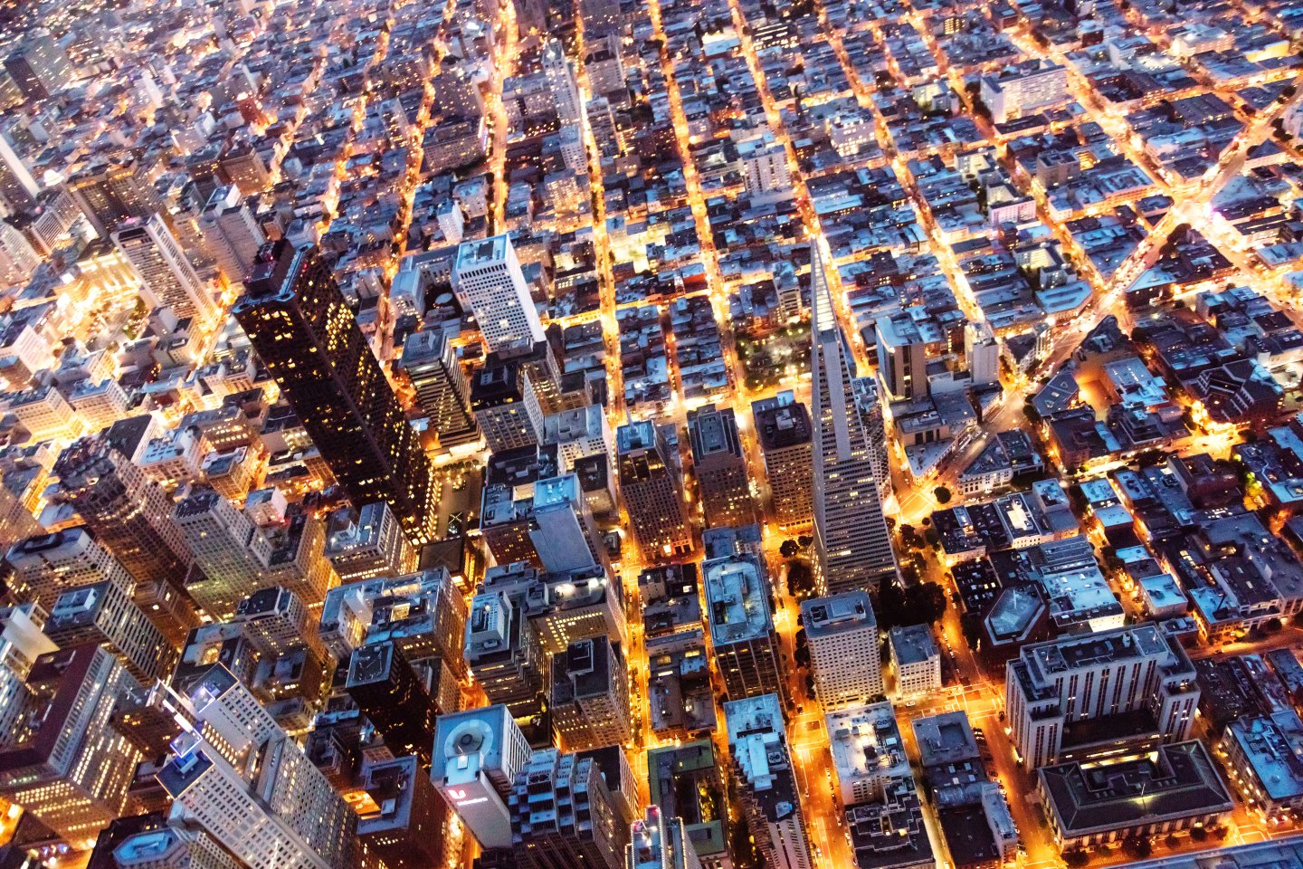 Overhead aerial of Transamerica pyramid at night, San Francisco, California, USA