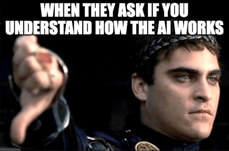 A meme picturing Emperor Commodus from the film Gladiator with his thumb down with the caption, "When they ask if you understand how the AI works"