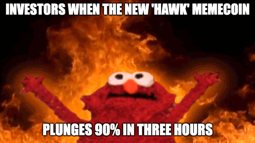A meme of Elmo with raised hands in front of flames with the caption, "Investors when the new 'HAWK' memecoin plunges 90% in three hours"