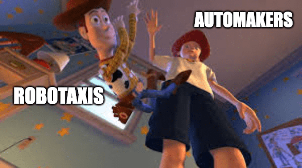 A meme of Toy Story's Andy dropping Woody with the respective captions, "automakers" and "robotaxis"