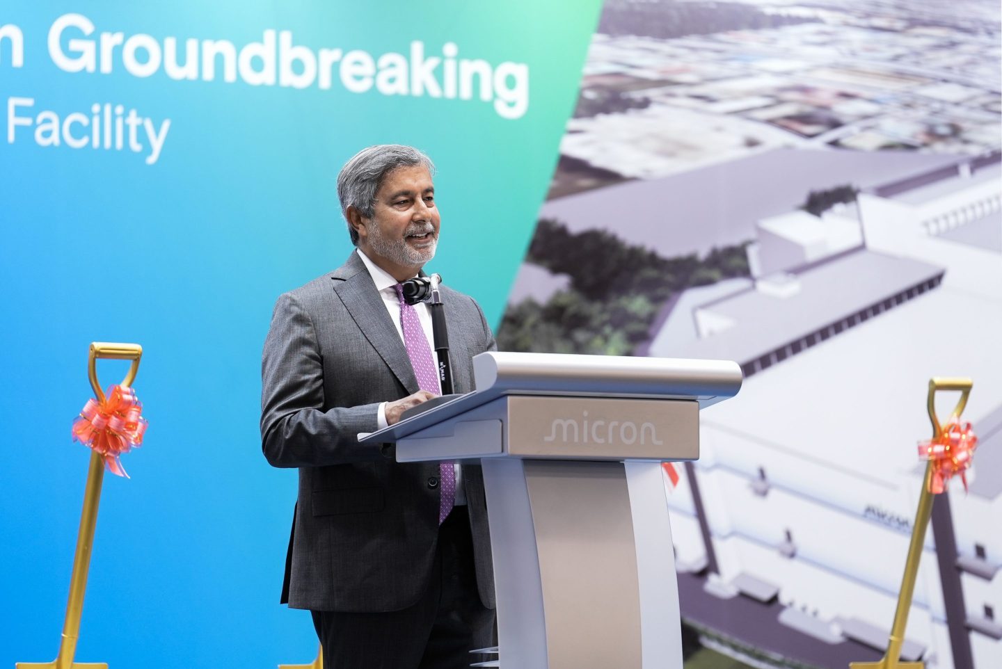 Sanjay Mehrotra, president and CEO of Micron, speaking at the groundbreaking ceremony in Singapore on Jan. 8, 2025.