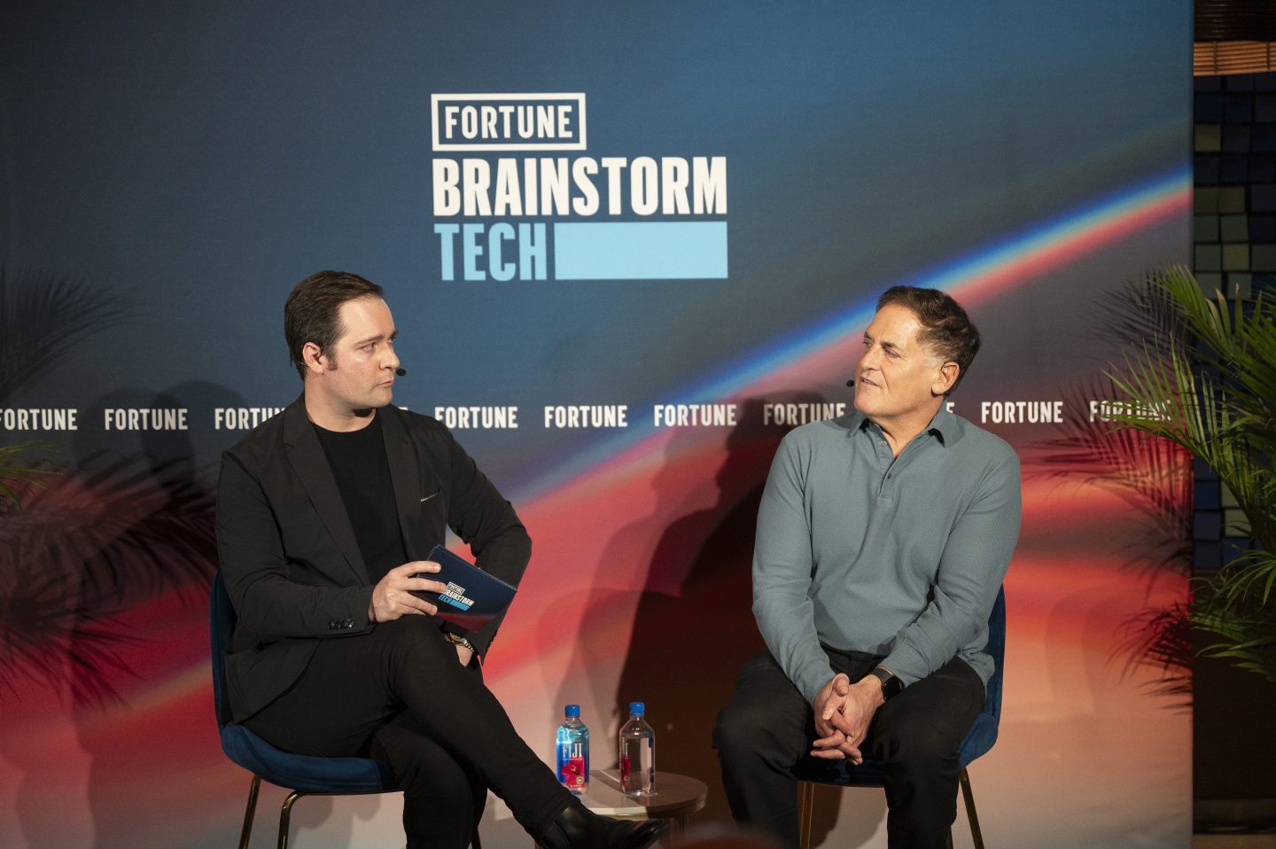 Entrepreneur and Cost Plus Drugs cofounder Mark Cuban (right) speaks with Andrew Nusca, editorial director of Coins2Day’s Brainstorm series, at a Brainstorm Tech dinner on Monday, Jan. 6, 2025, in Las Vegas.