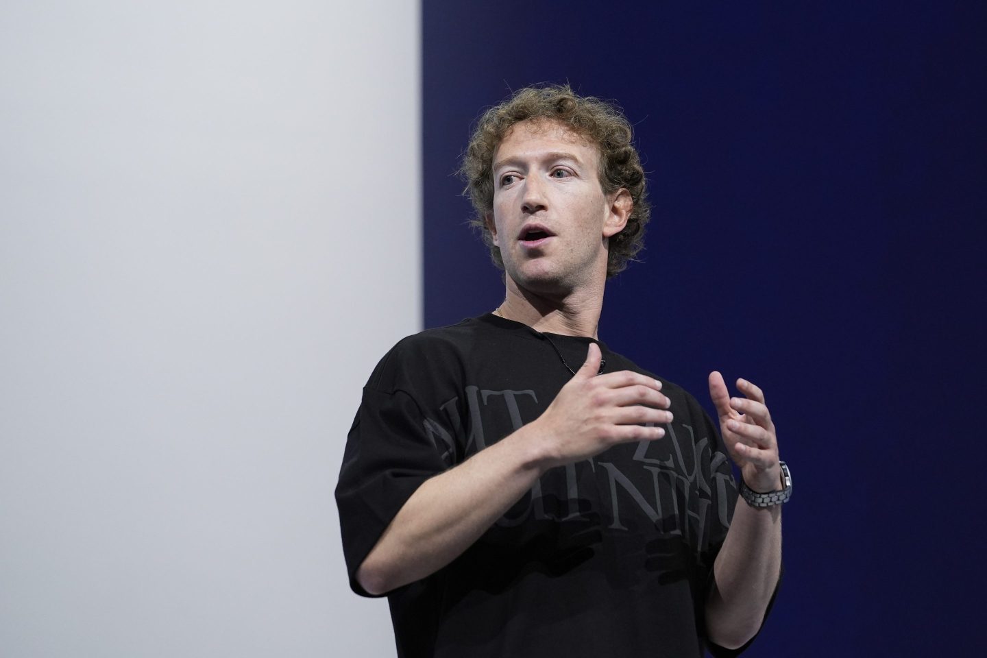 Mark Zuckerberg talks about the Orion AR glasses during the Meta Connect conference on Sept. 25, 2024, in Menlo Park, Calif.