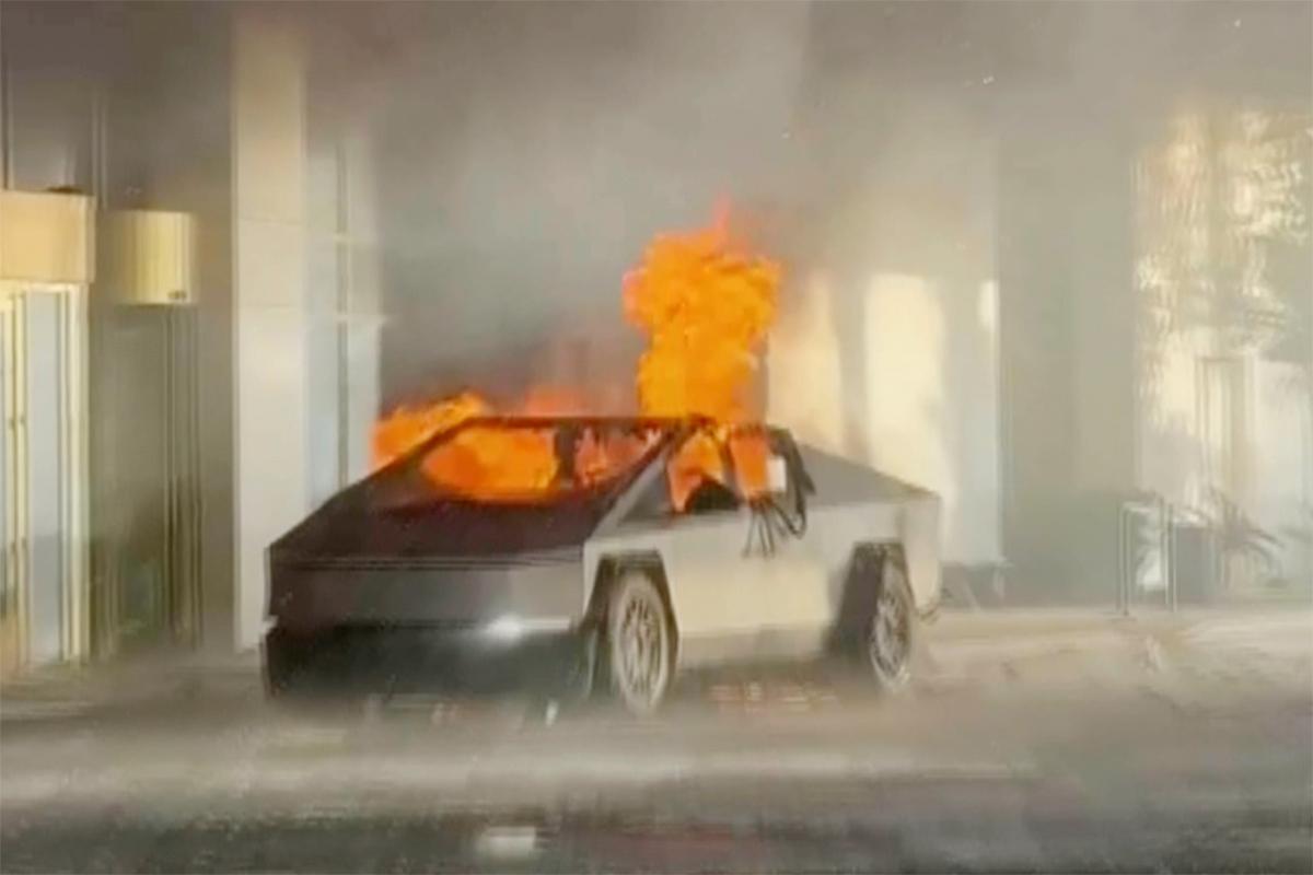 A Tesla Cybertruck on fire after detonating outside Trump Hotel in Las Vegas