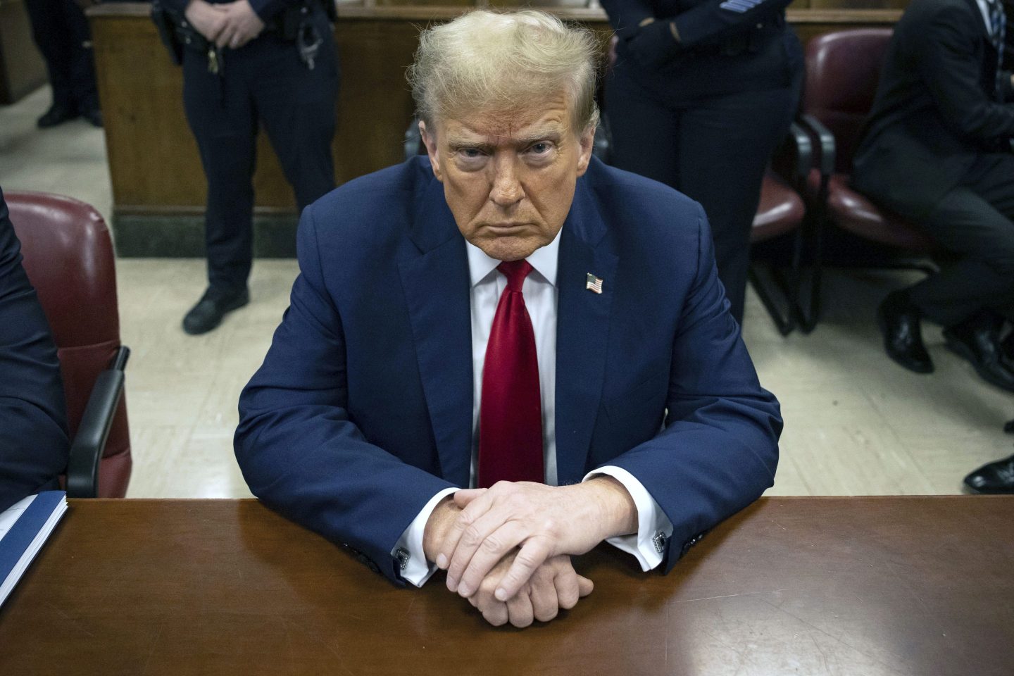 Former President Donald Trump waits for the start of proceedings in Manhattan criminal court, April 23, 2024, in New York.