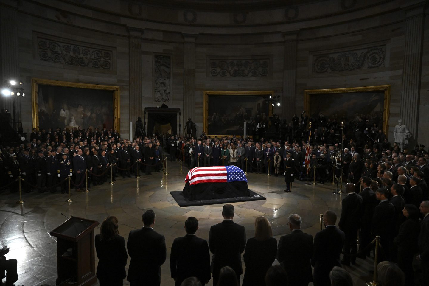 The flag-draped casket of former President Jimmy Carter lies in state during a ceremony in the Capitol, on Jan. 7, 2025, in Washington.