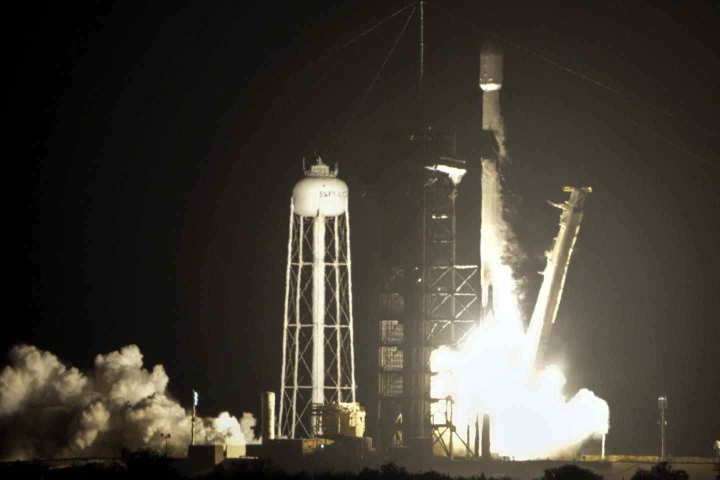 A SpaceX Falcon 9 rocket lifts off from pad 39A with a payload of a pair of lunar landers at the Kennedy Space Center in Cape Canaveral, Fla., on Jan. 15, 2025.