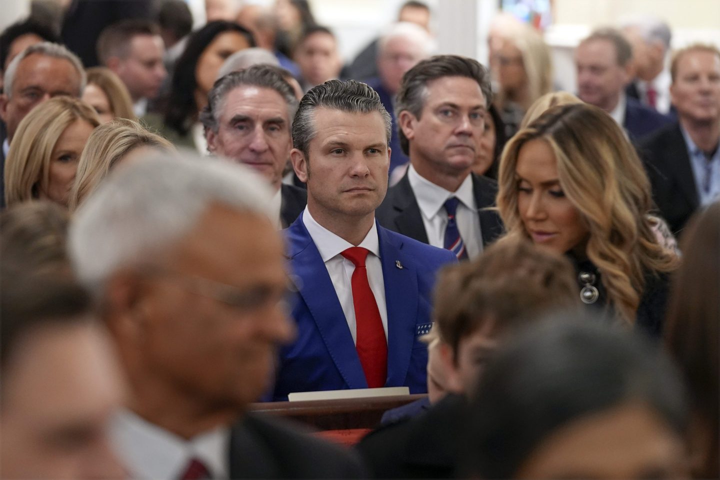 Defense Secretary nominee Pete Hegseth arrives before President-elect Donald Trump at a service at St. John's Church, on Jan. 20, 2025, in Washington.