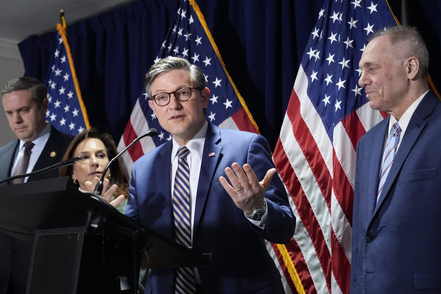 House Speaker Mike Johnson, R-La., center, joined from left by Rep. Jeff Hurd, R-Colo., Republican Conference Chair Lisa McClain, R-Mich., and House Majority Leader Steve Scalise, R-La., during a news conference at the Republican National Committee headquarters in Washington, on Jan. 22, 2025.