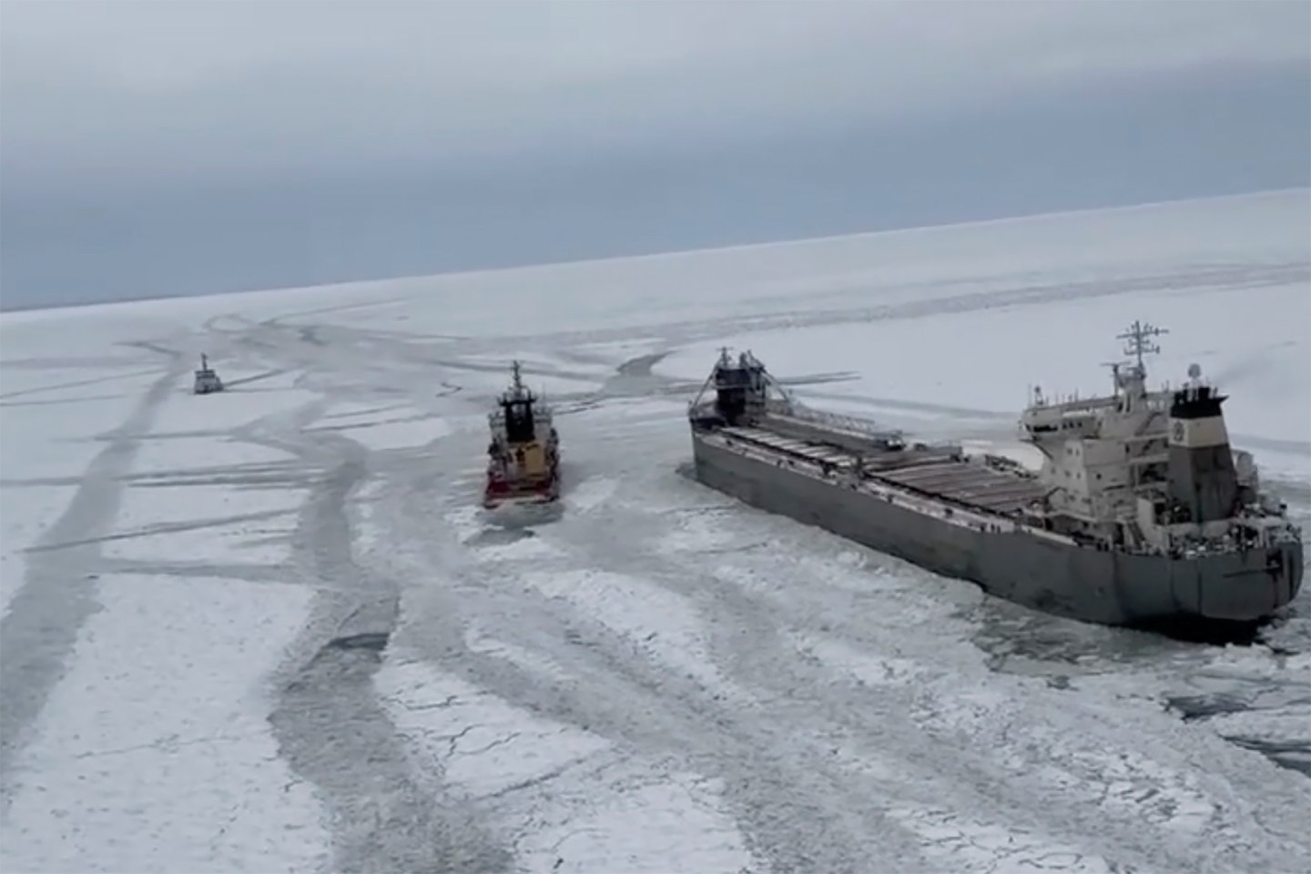 The Canadian vessel Manitoulin is trapped in a frozen Lake Erie.