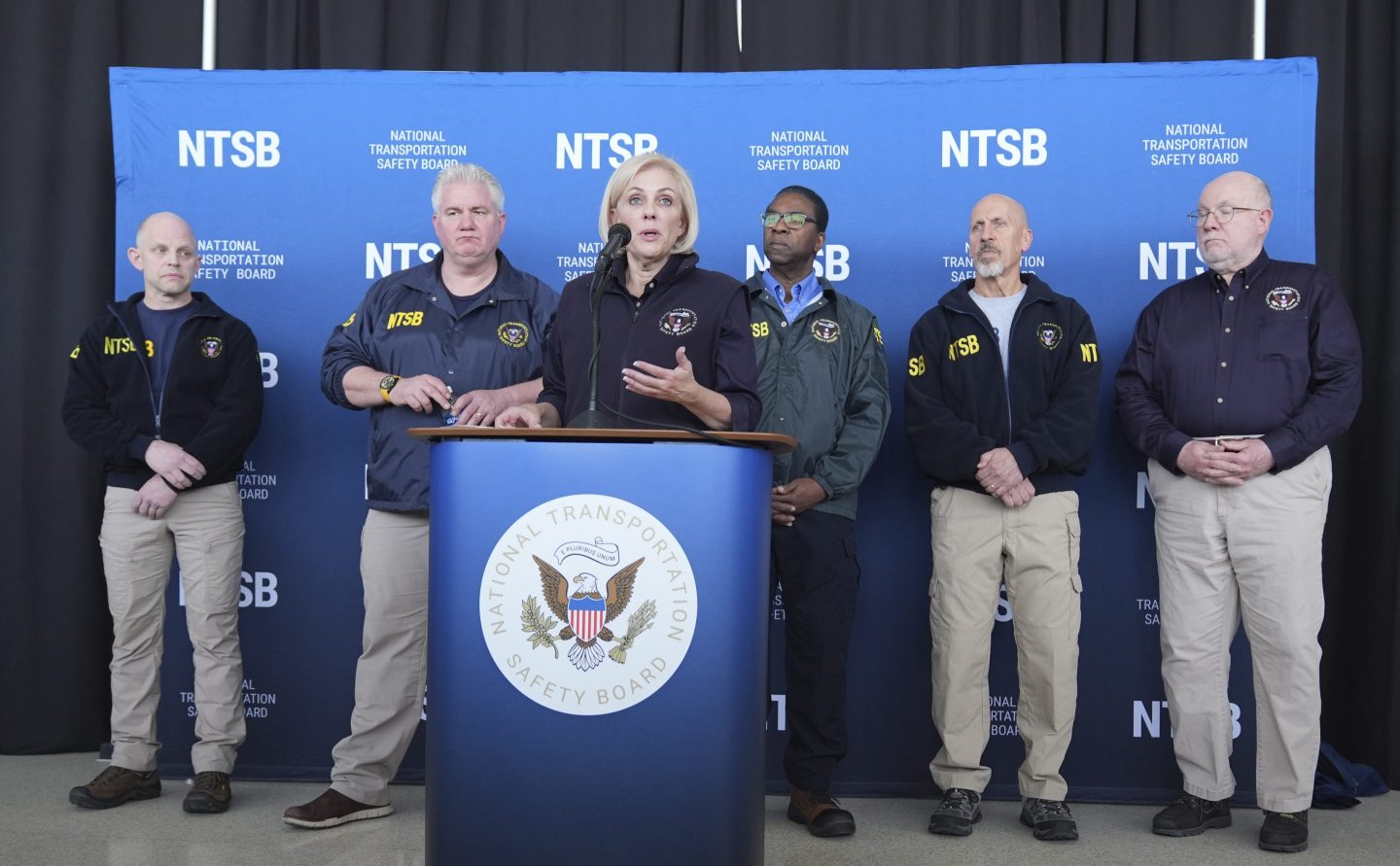 National Transportation Safety Board Chair Jennifer Homendy speaks during a press conference at Ronald Reagan Washington National Airport, on Jan. 30, 2025, in Arlington, Va., as board members look on.