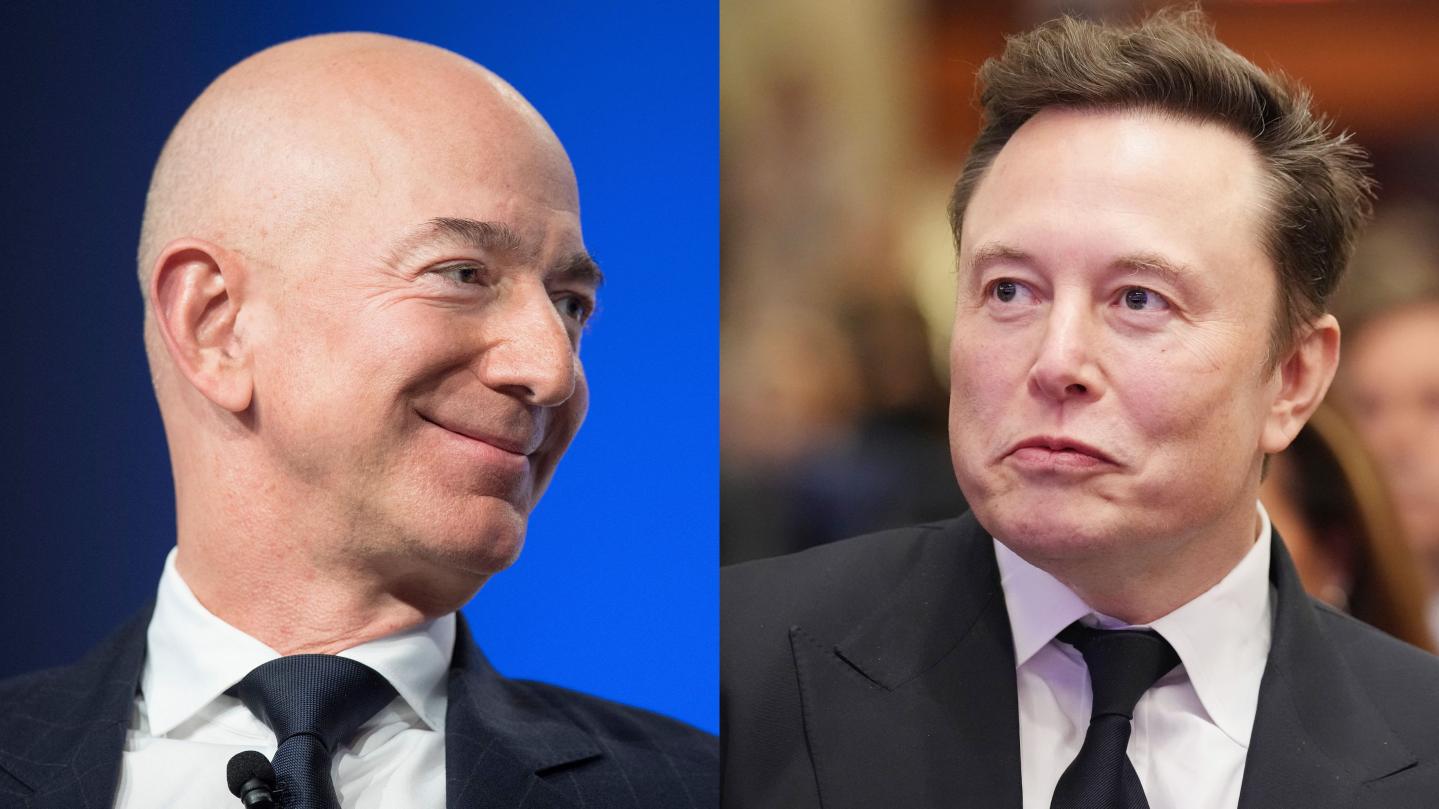Jeff Bezos looking to his left juxtaposed with Elon Musk looking to his right