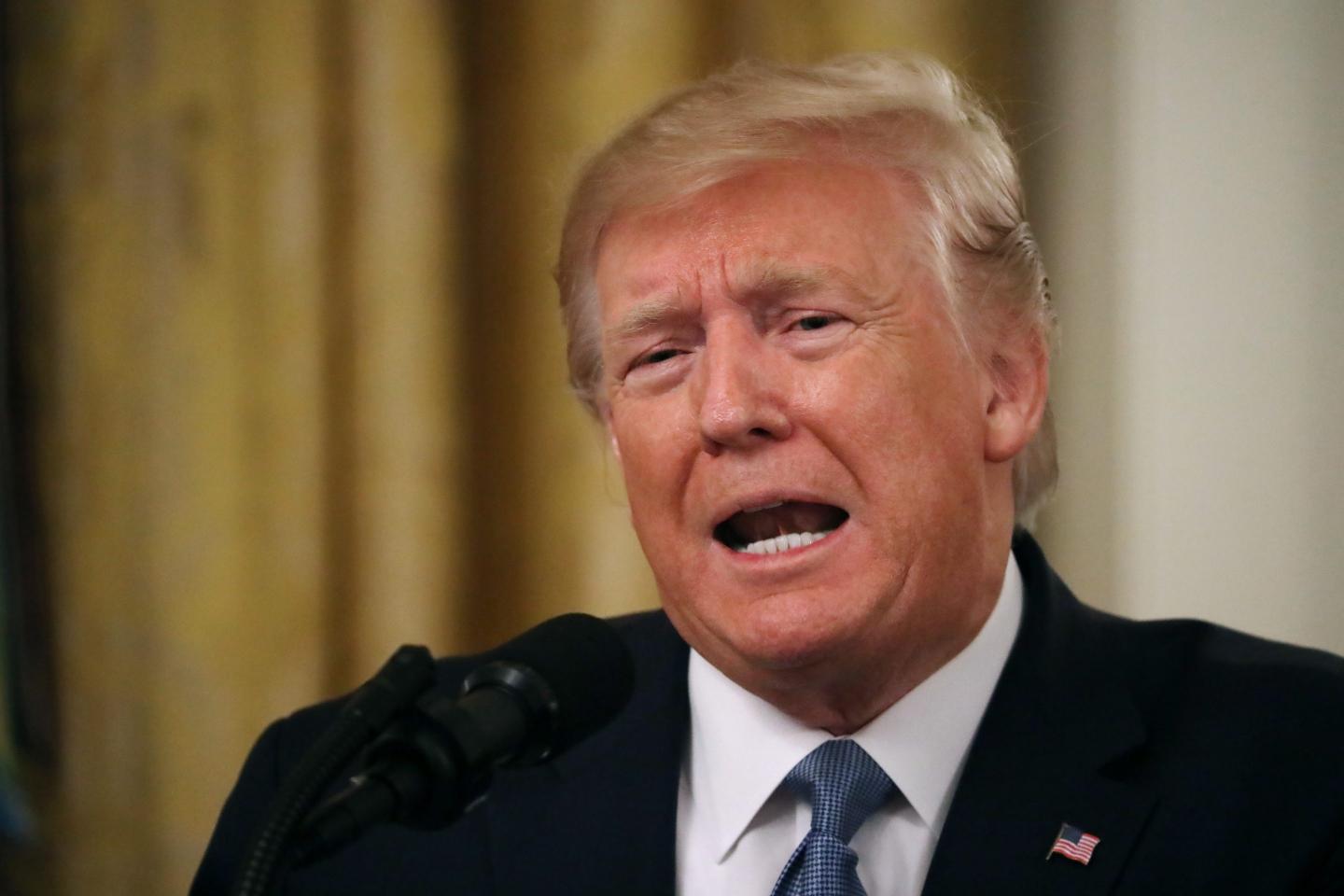 President Trump speaks into a microphone at the presidential podium