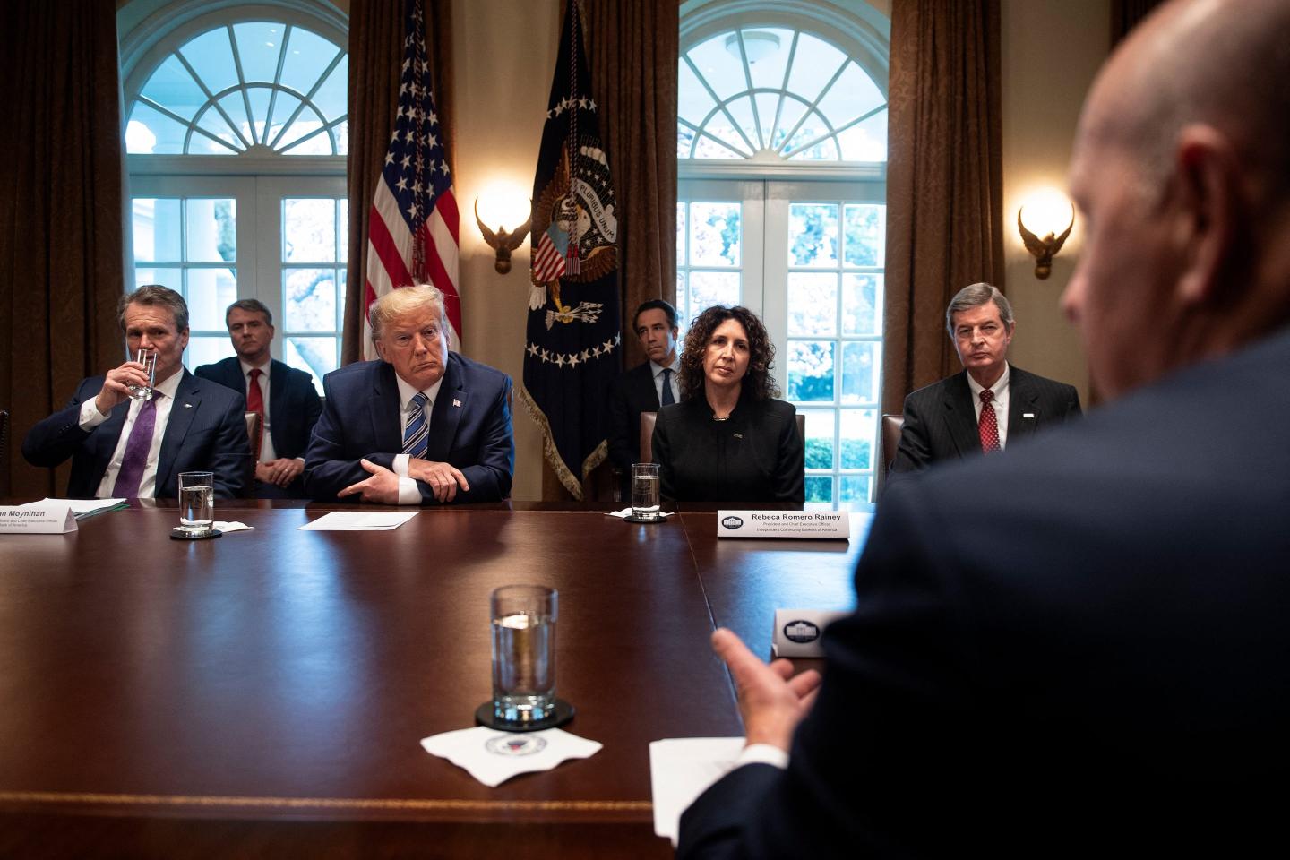 Donald Trump and other major bank executives listen to Goldman Sachs CEO David Solomon, who has his back to the camera, as they all sit at a table.