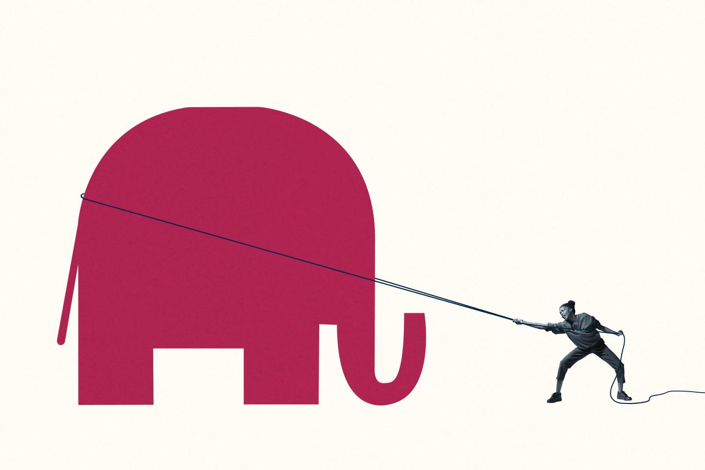 Woman struggling to pull red elephant with rope
