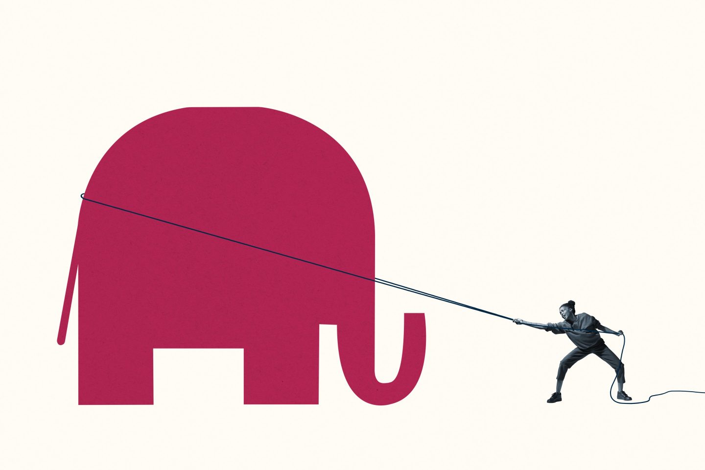 Woman struggling to pull red elephant with rope