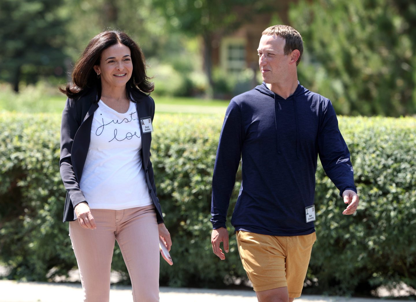 Mark Zuckerberg walks with Sheryl Sandberg after a session at the Allen & Company Sun Valley Conference on July 8, 2021 in Sun Valley, Idaho.