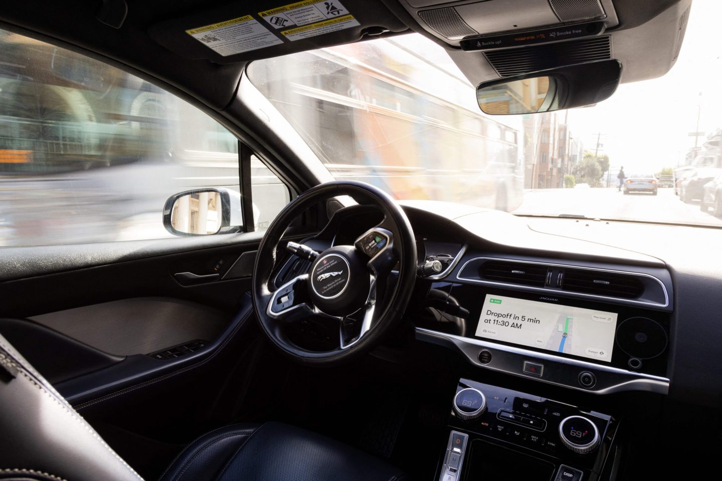 inside a Waymo self-driving taxi
