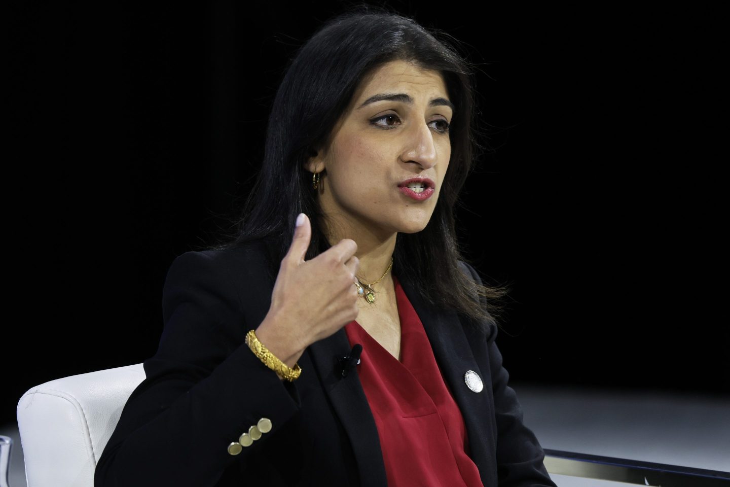Federal Trade Commission's Lina Khan speaks during the New York Times annual DealBook summit on November 29, 2023 in New York City.
