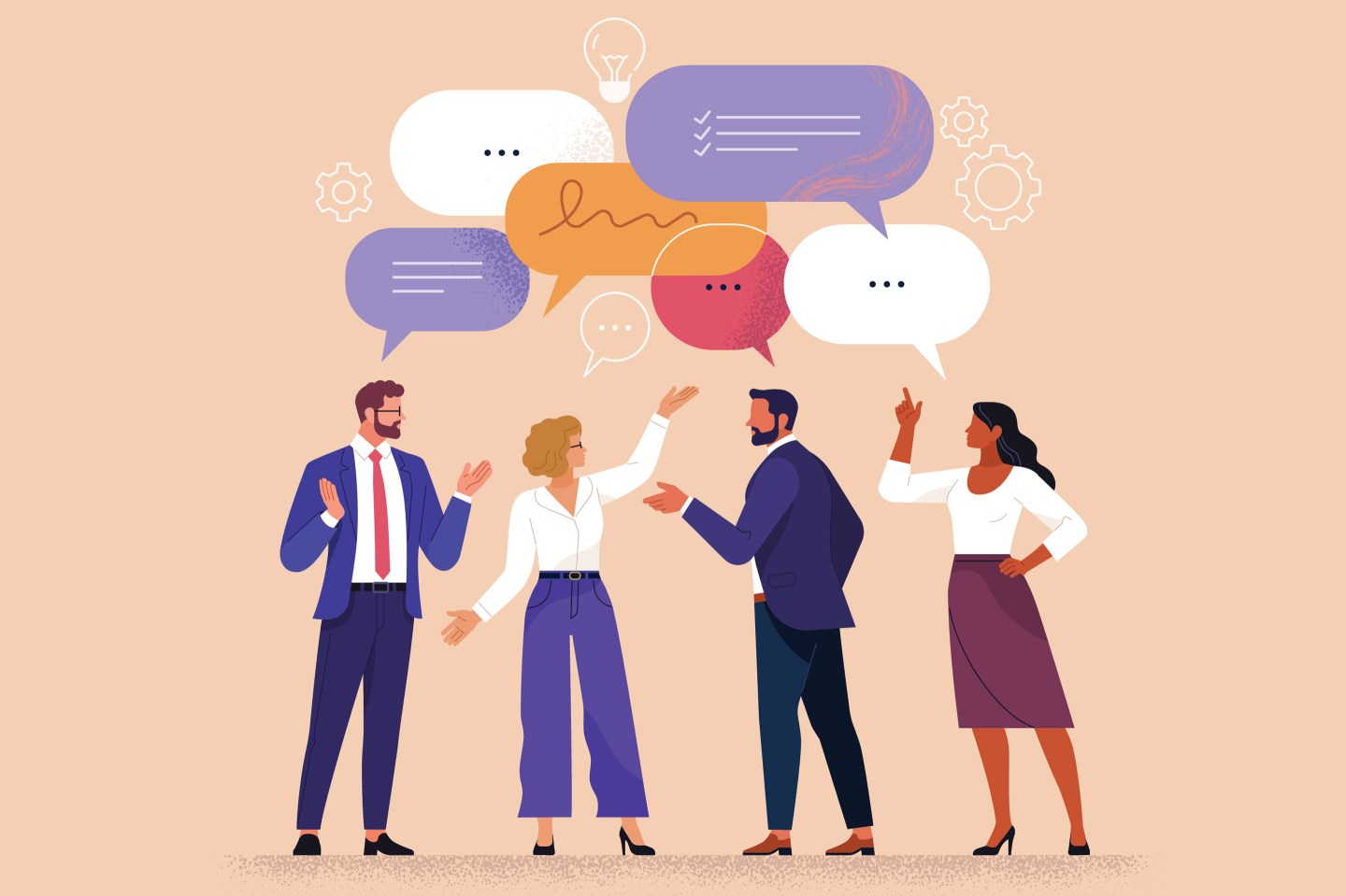 various people talking to each other with bubbles over their heads