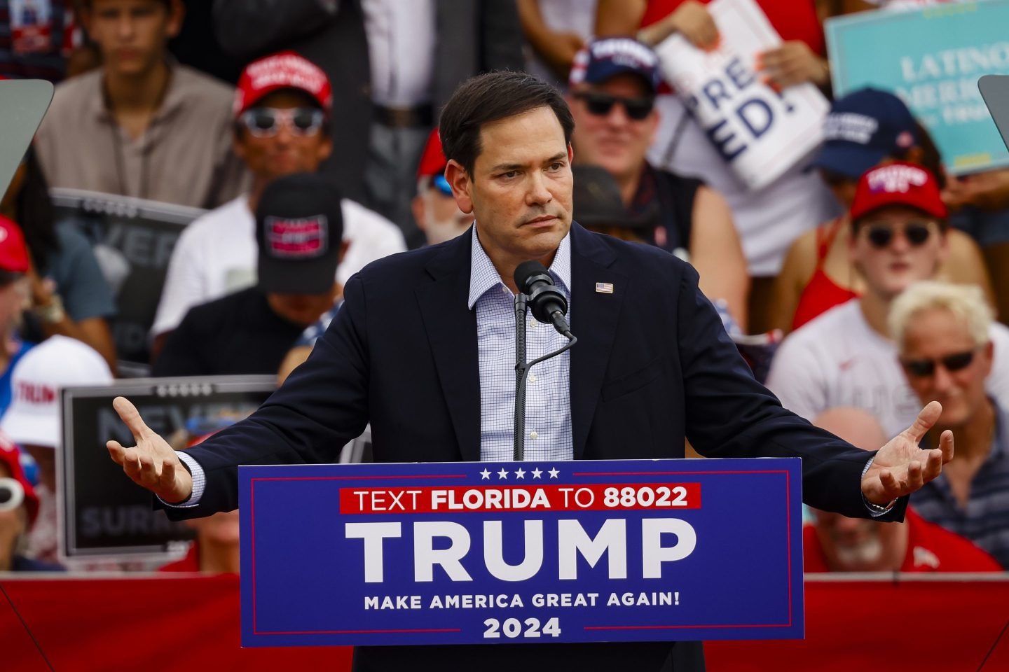 Senator Marco Rubio, a Republican from Florida, speaks during a campaign event with former US President Donald Trump
