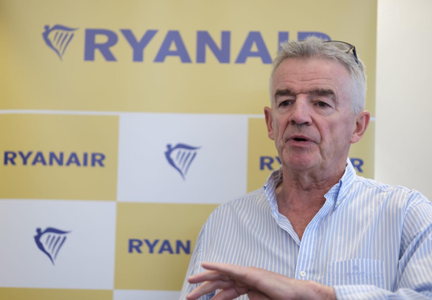 Irish businessman, CEO of Ryanair Michael O'Leary talks to media on August 27; 2024 in Brussels, Belgium. Today, the Group CEO of Ryanair annonced 9 new routes for W2024 from Charleroi airport, and none from Brussels due to the high airport charges.