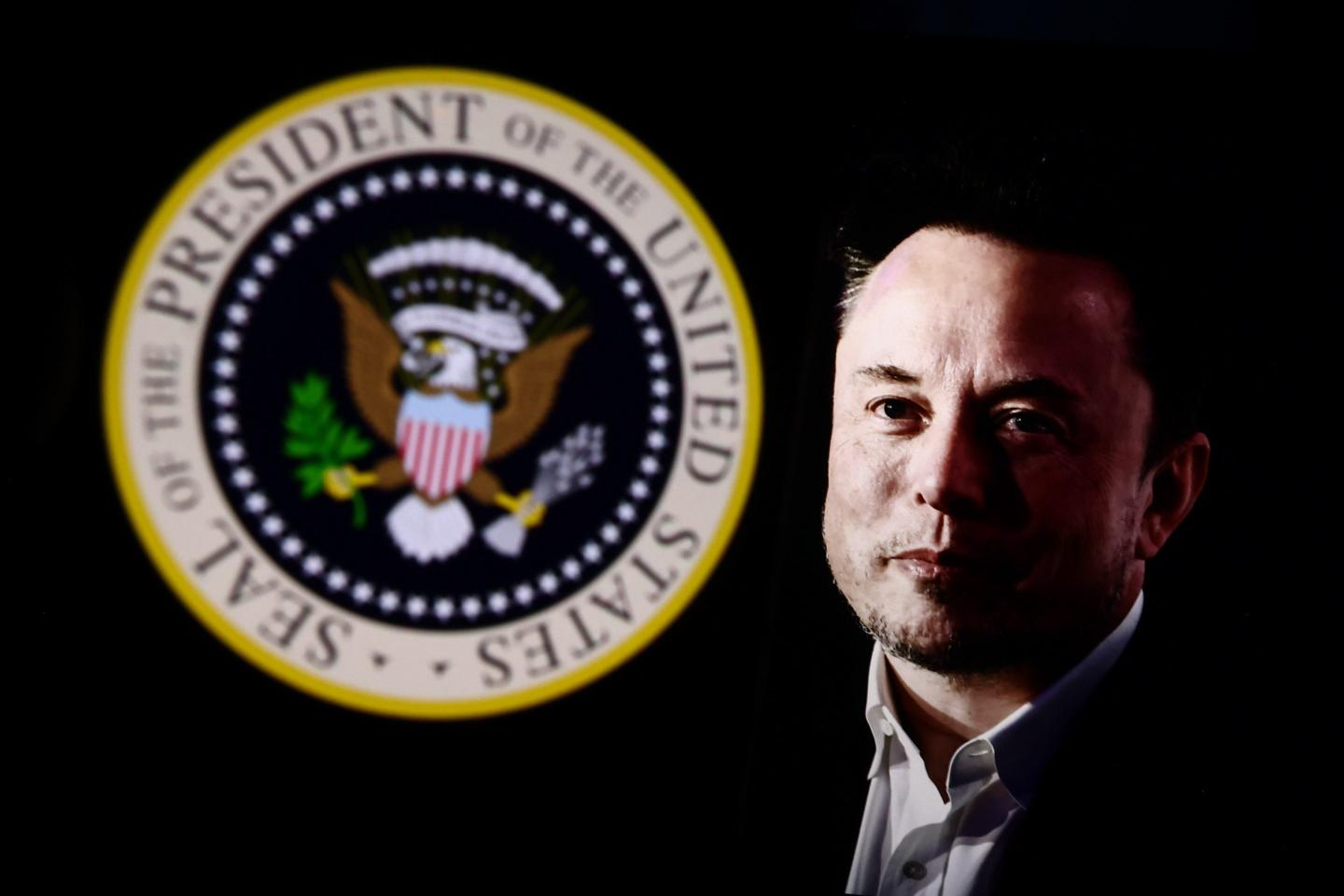 A portrait picture of Elon Musk photographed in Krakow, Poland on January 22nd, 2024 and the seal of the president of the United States are screened for illustration photo in Krakow, Poland on October 25, 2024.