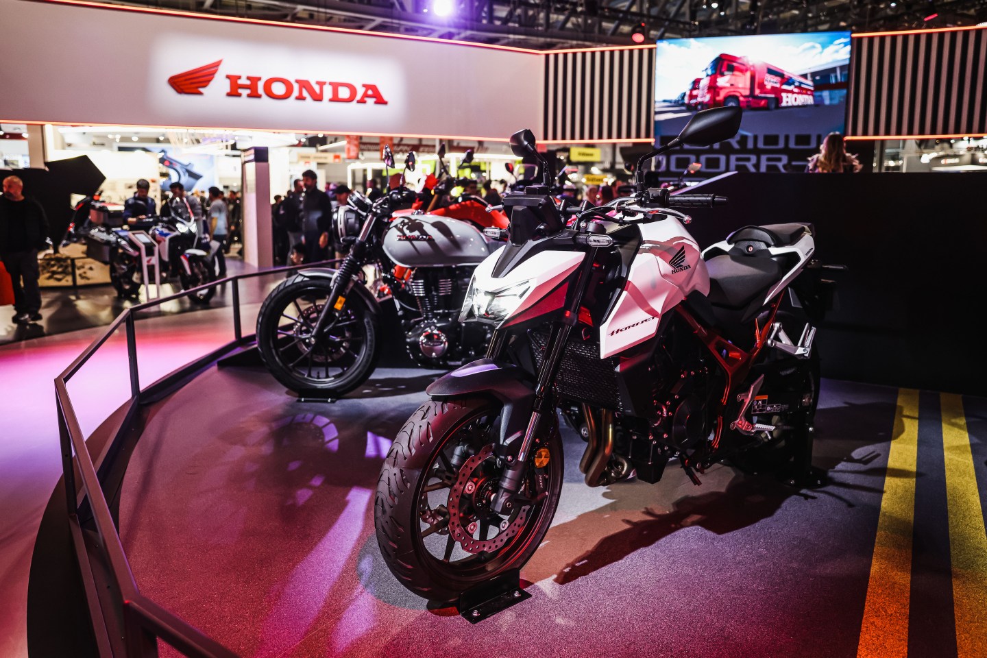 A general view of a motorcycle display at the Honda stand during the 110th edition of EICMA Milan Motorcycle Show at Rho Fiera Milano in Milan on Nov. 8, 2024.
