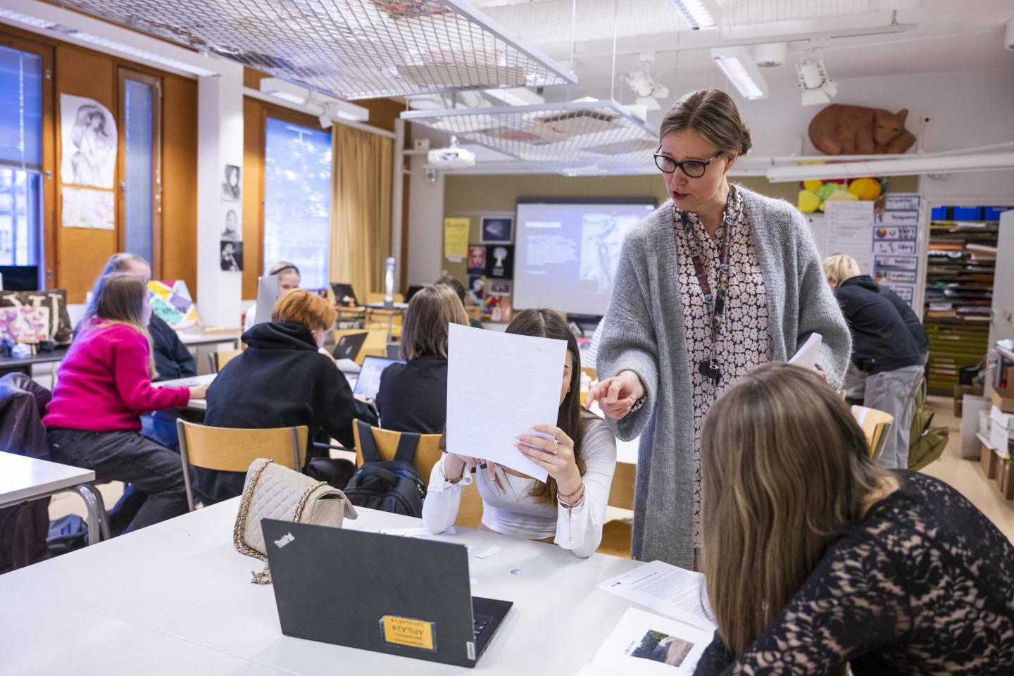 Students attend a class on media literacy at the Hiidenkiven Koulu school on November 19, 2024 in Helsinki, Finland.