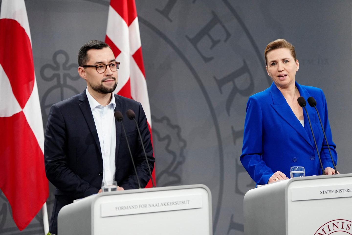 Danish Prime Minister Mette Frederiksen (R) and Greenlandic Prime Minister Mute Bourup Egede address a press conference in the Mirror Hall at the Prime Minister's Office, at Christiansborg in Copenhagen, on January 10, 2025.