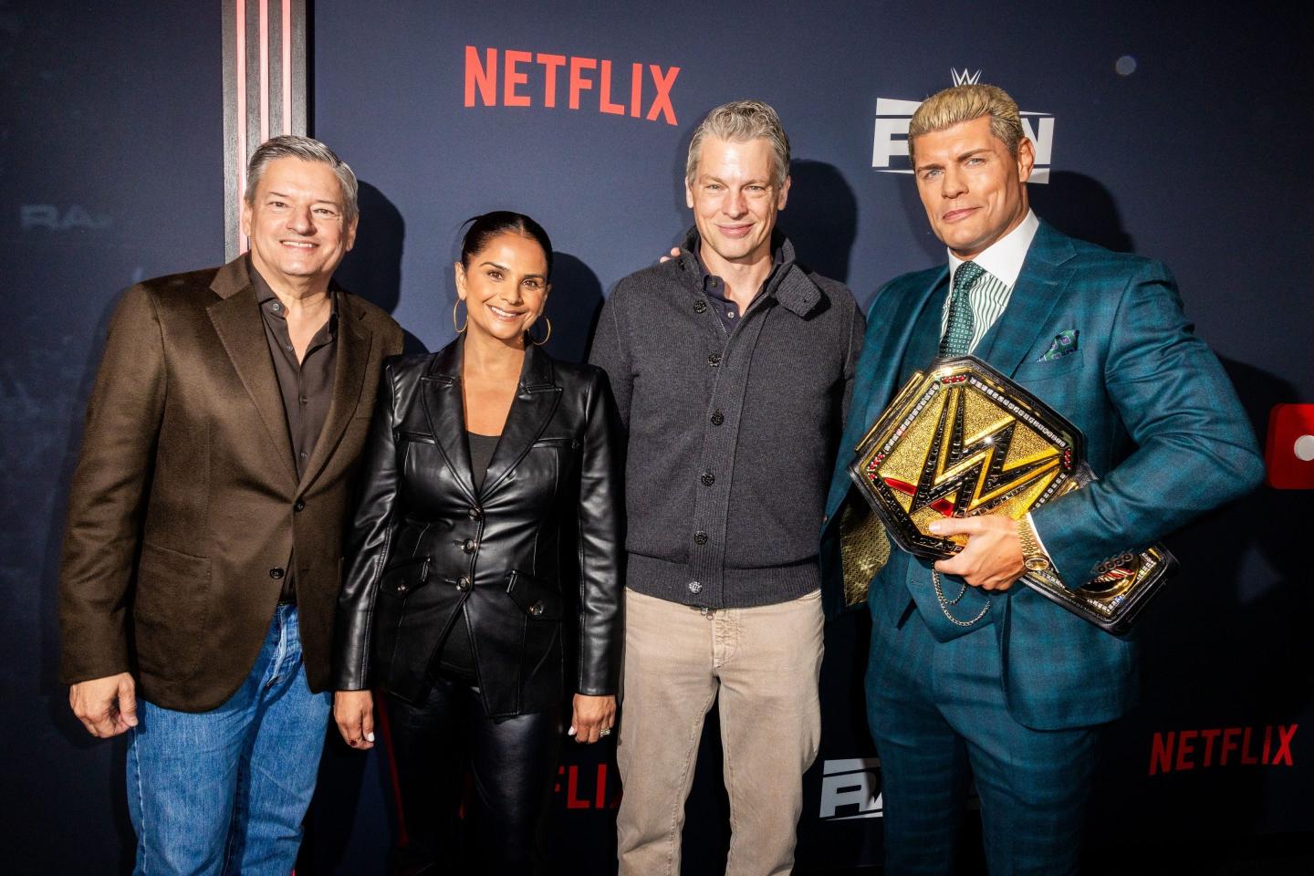 From left: Netflix co-CEO Ted Sarandos, Netflix CCO Bela Bajaria, Netflix co-CEO Greg Peters, and Cody Rhodes at Netflix's Debut of WWE Monday Night Raw at Intuit Dome on January 06, 2025 in Inglewood, California. (Photo: Roger Kisby/Getty Images/Netflix)
