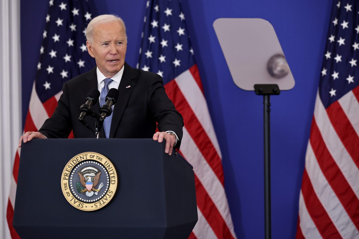 U.S. President Joe Biden delivers a speech about his foreign policy achievements in the Ben Franklin Room at the State Department's Harry S. Truman headquarters building on Jan. 13, 2025 in Washington, D.C.